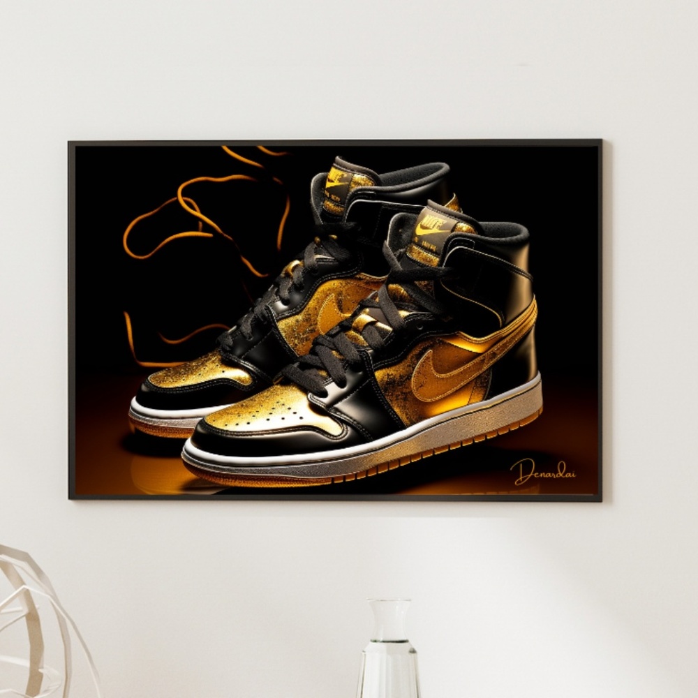 Black and Gold Nike Air Jordan Shoes Artwork Print, Size 14x11